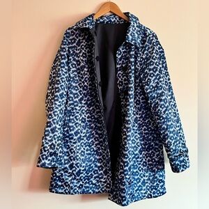 Dennis Basso Reversible Raincoat Blue Leopard Print Navy Coat Jacket M Animal